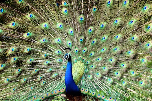 孔雀在户外展示着色彩缤纷的羽毛，图案生动，惊艳夺目