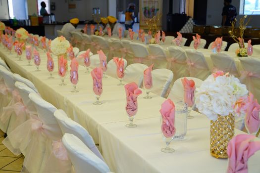 Banquet tables set for wedding celebration