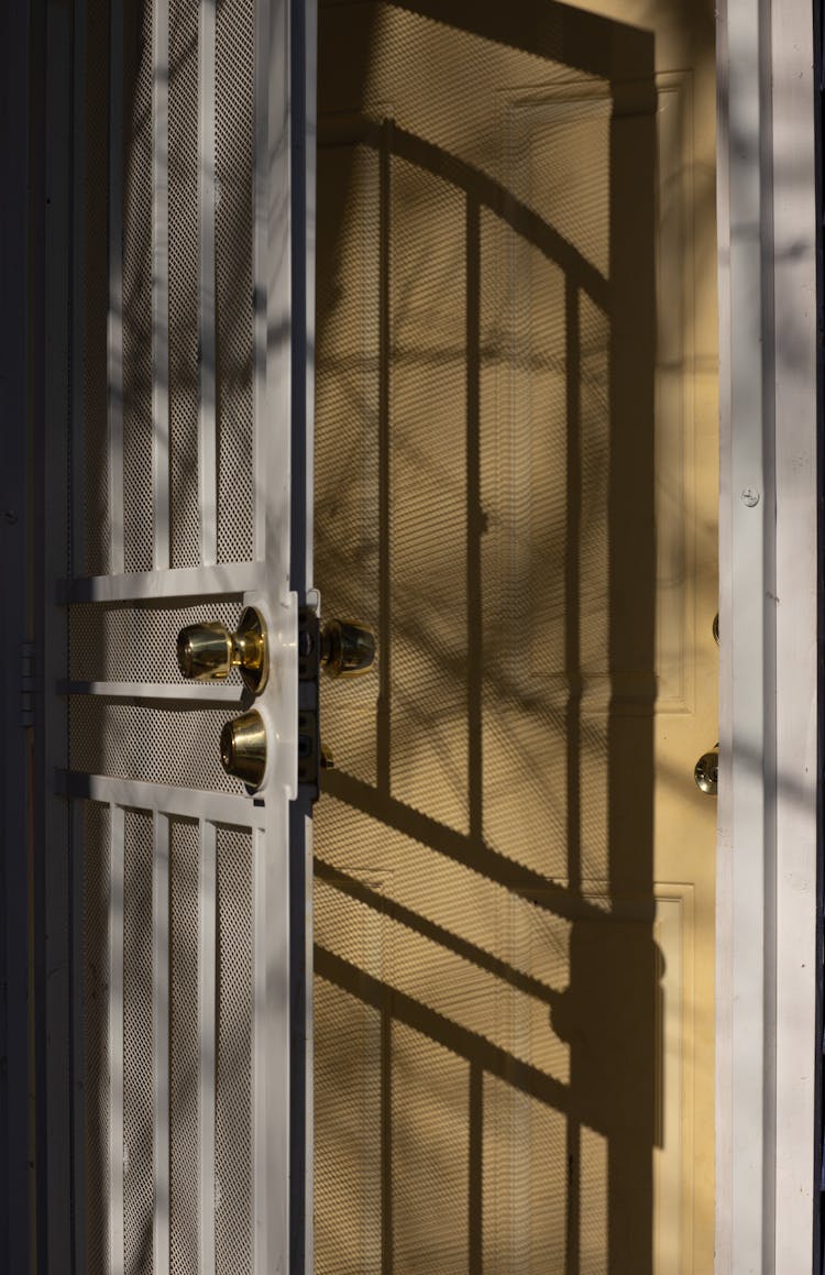 Metal Gate And Wooden Door In Sunlight