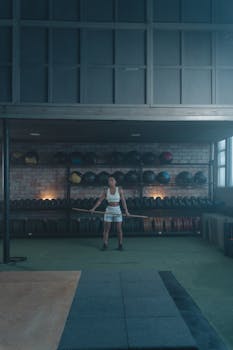 A focused female athlete exercising with weights in a modern gym.