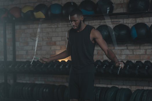 Man exercising with jump rope in a gym, showcasing fitness and healthy living.