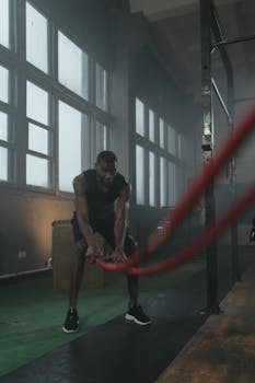 Black man performing crossfit training with battle ropes in a well-equipped gym.