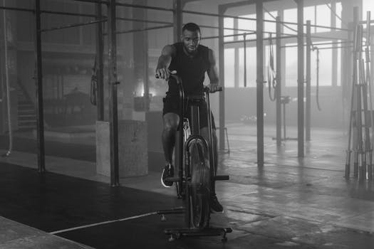Black and white photo of a man exercising on an air bike in a gym.