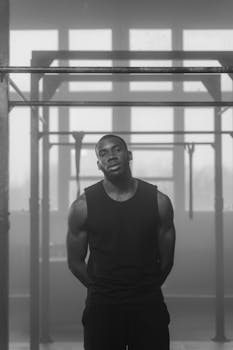 Black and white photo of a muscular man standing in a gym with an introspective gaze.