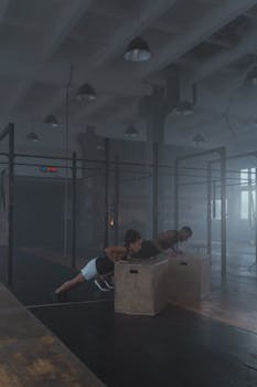 A couple engaging in crossfit workout exercises on wooden boxes inside a gym.
