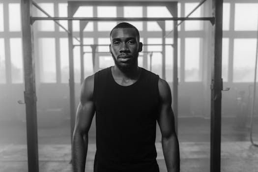 Black and white portrait of a muscular man in a gym with a strong, confident expression.