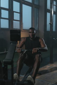 Man concentrating on an intense rowing workout inside a gym, embodying strength and determination.