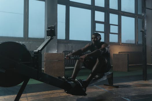 Focused athletic man working out on a rowing machine in a dimly lit gym setting.