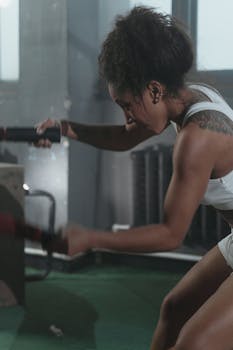 Focused woman exercising with battle ropes in a gym. Perfect for fitness and workout concepts.