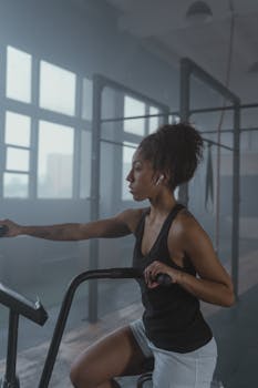 African American woman intensely working out using gym equipment indoors.