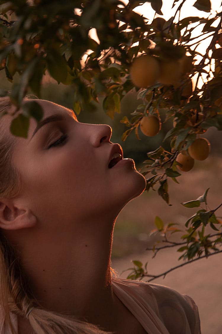 Sensual Young Lady Enjoying Smell Of Fruit Tree In Garden