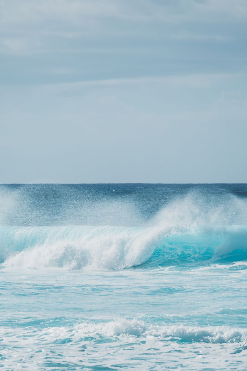 Vibrant ocean waves crashing dynamically against the serene horizon under a clear sky.
