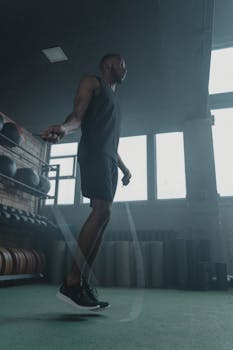 African American man jumps rope in a modern gym, embracing fitness and motion.