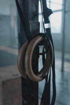 Wooden gymnastic rings hanging in an empty gym with a vintage aesthetic and soft lighting.