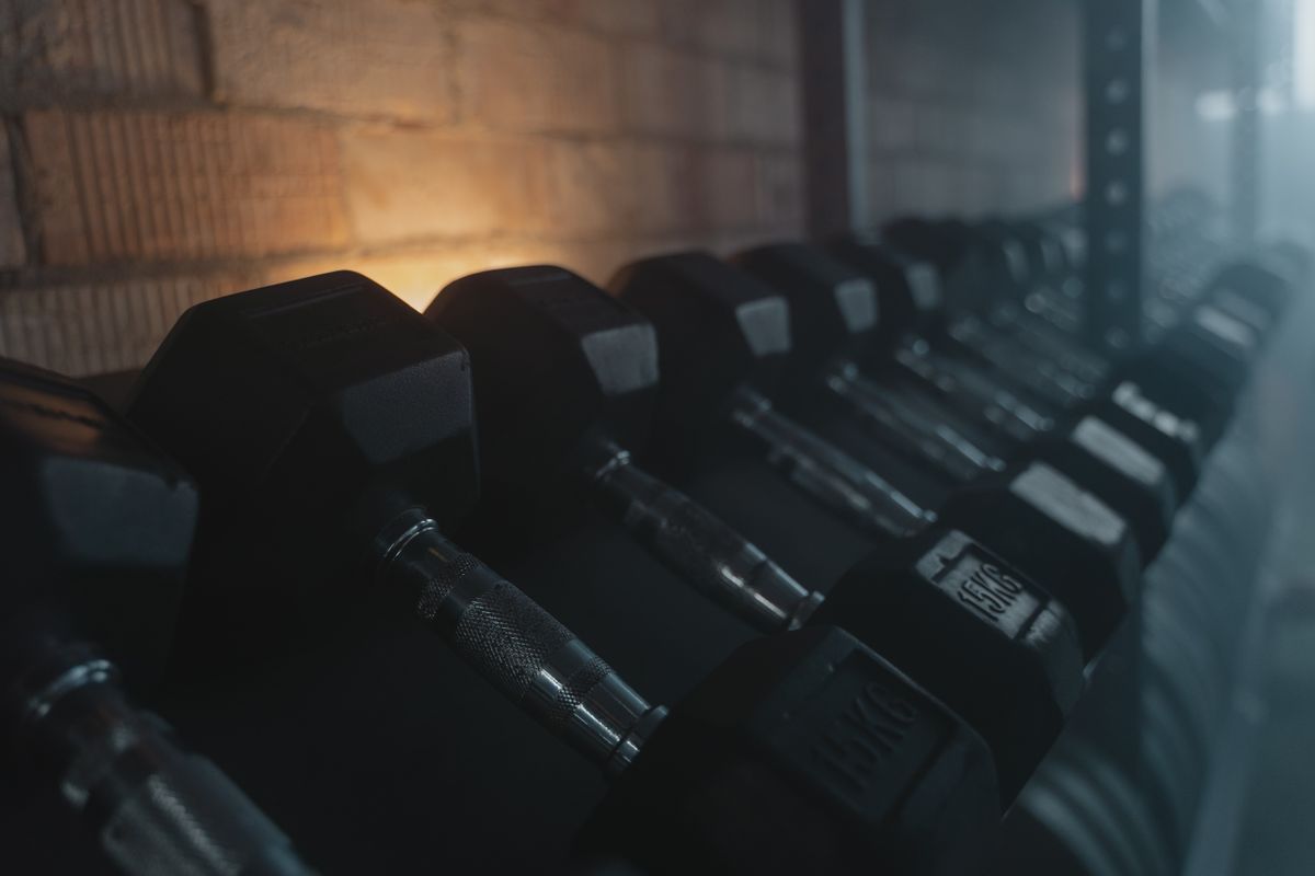 Strength training equipment arranged in a professional gym