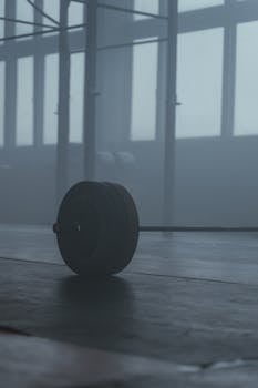 A barbell rests on a gym floor, enveloped in mist and atmospheric light, creating a moody fitness ambiance.