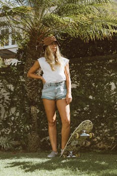 Stylish woman in denim and cap posing with skateboard outdoors, basking in sunlight.