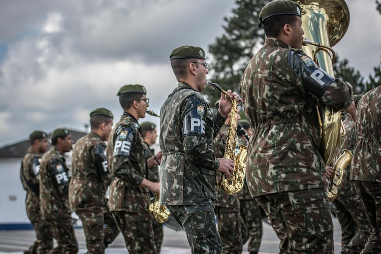 Marching Band Performing During A Military Parade