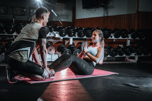 Man and woman engaged in a personal training session in a gym, focusing on core exercises.