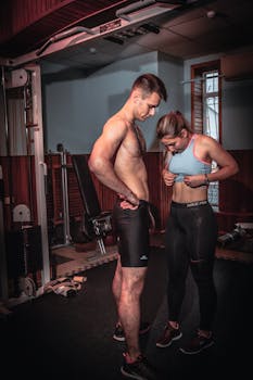 Two individuals in gym wear stand under exercise equipment, showcasing fitness and strength.