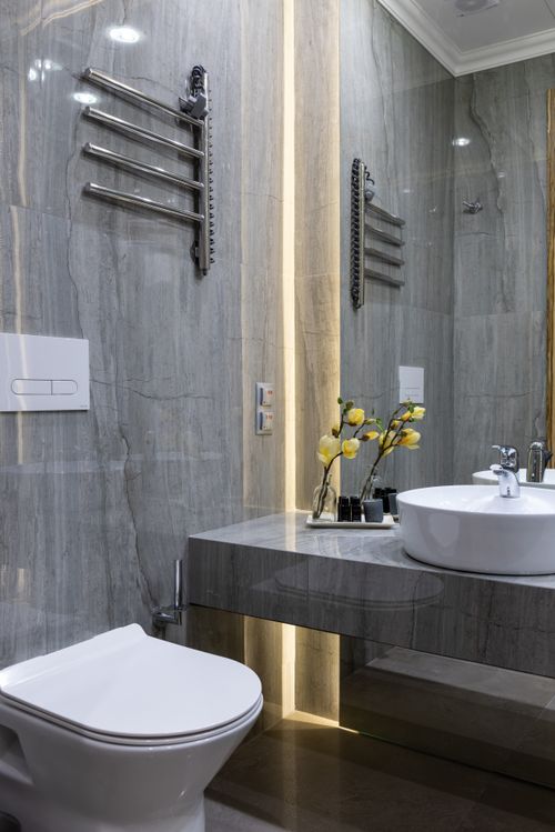 Free Interior of modern bathroom with sink placed at mirror on marble gray surface with flowers near white ceramic bidet at home Stock Photo