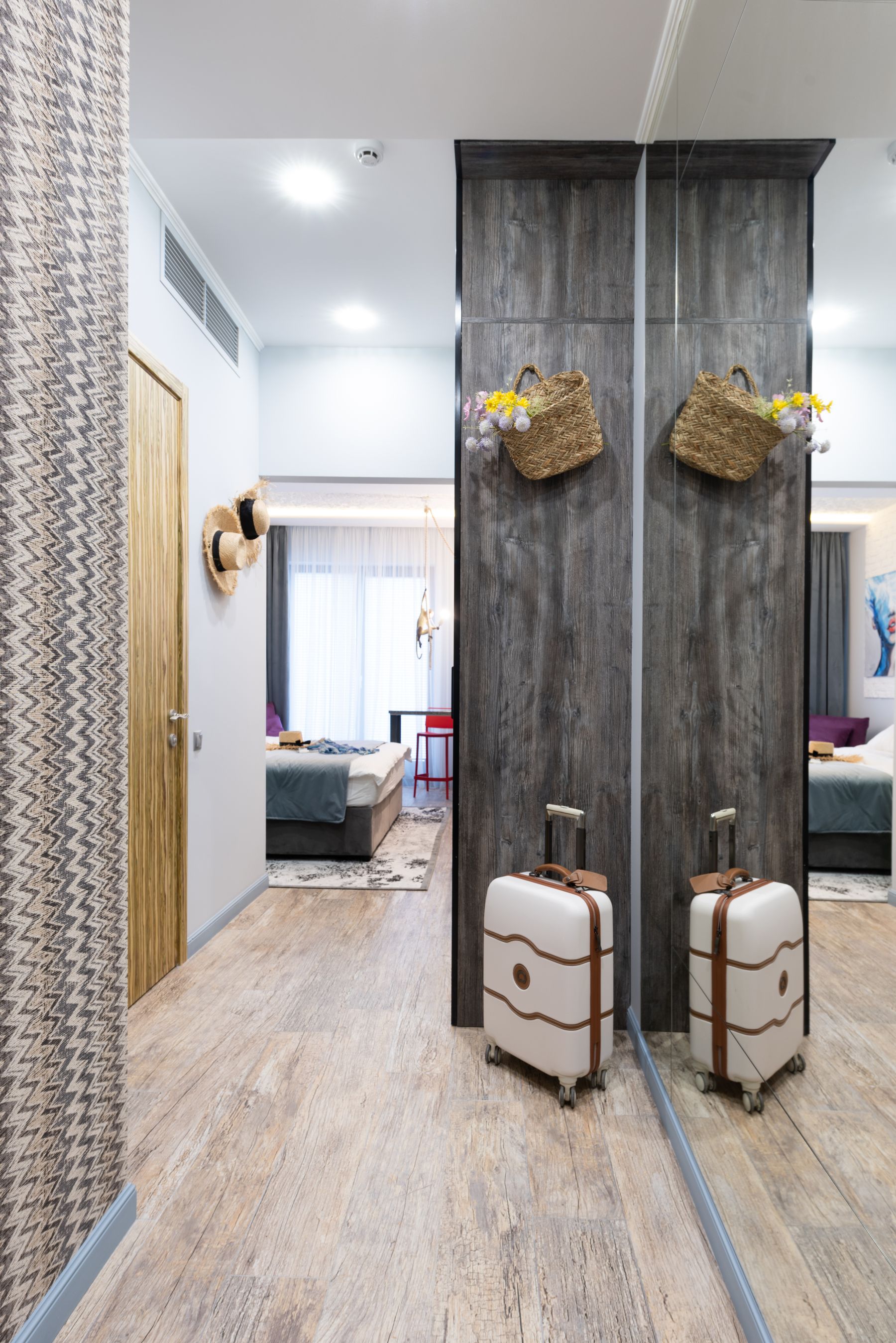 Travel suitcase positioned in a refined hotel interior
