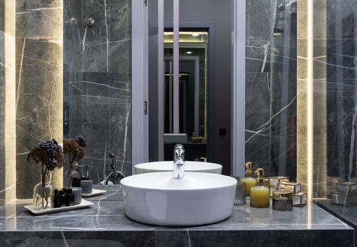 Free Contemporary bathroom with washstand between plant sprigs and hygiene products against mirror in house Stock Photo