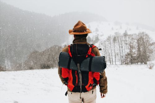 Free Back view of a male hiker in winter gear walking through a snowy landscape. Stock Photo