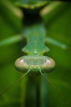Extreme close-up of a praying mantis face highlighting intricate details and vivid green color.