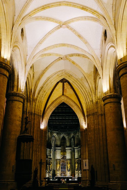 Interior of historic Gothic cathedral with arched golden ceiling and ornamental nave of Southwark Cathedral in London