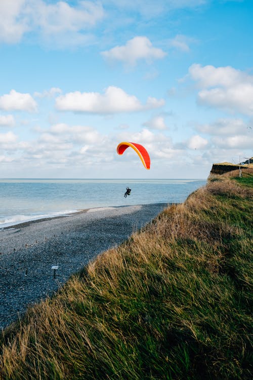 Unrecognizable person paragliding above picturesque seacoast