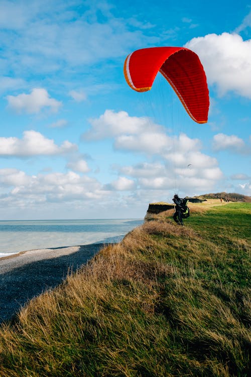 Free Anonymous paraglider landing on grassy seashore Stock Photo