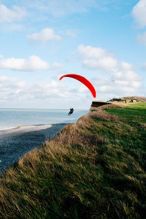 Free Anonymous paraglider soaring on red parachute over vast grassy seacoast and blue sea under clear sky Stock Photo
