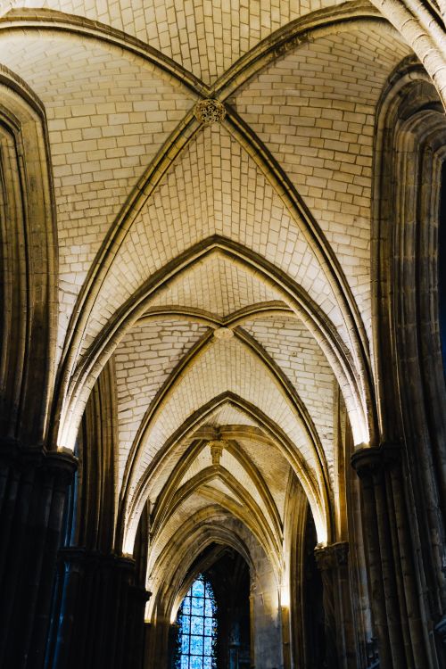 Free From below of majestic catholic cathedral with tall geometrical ceiling and large windows Stock Photo