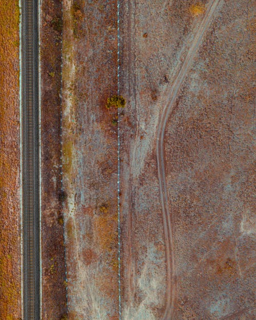Top View of Autumn Landscape with Railway Tracks 