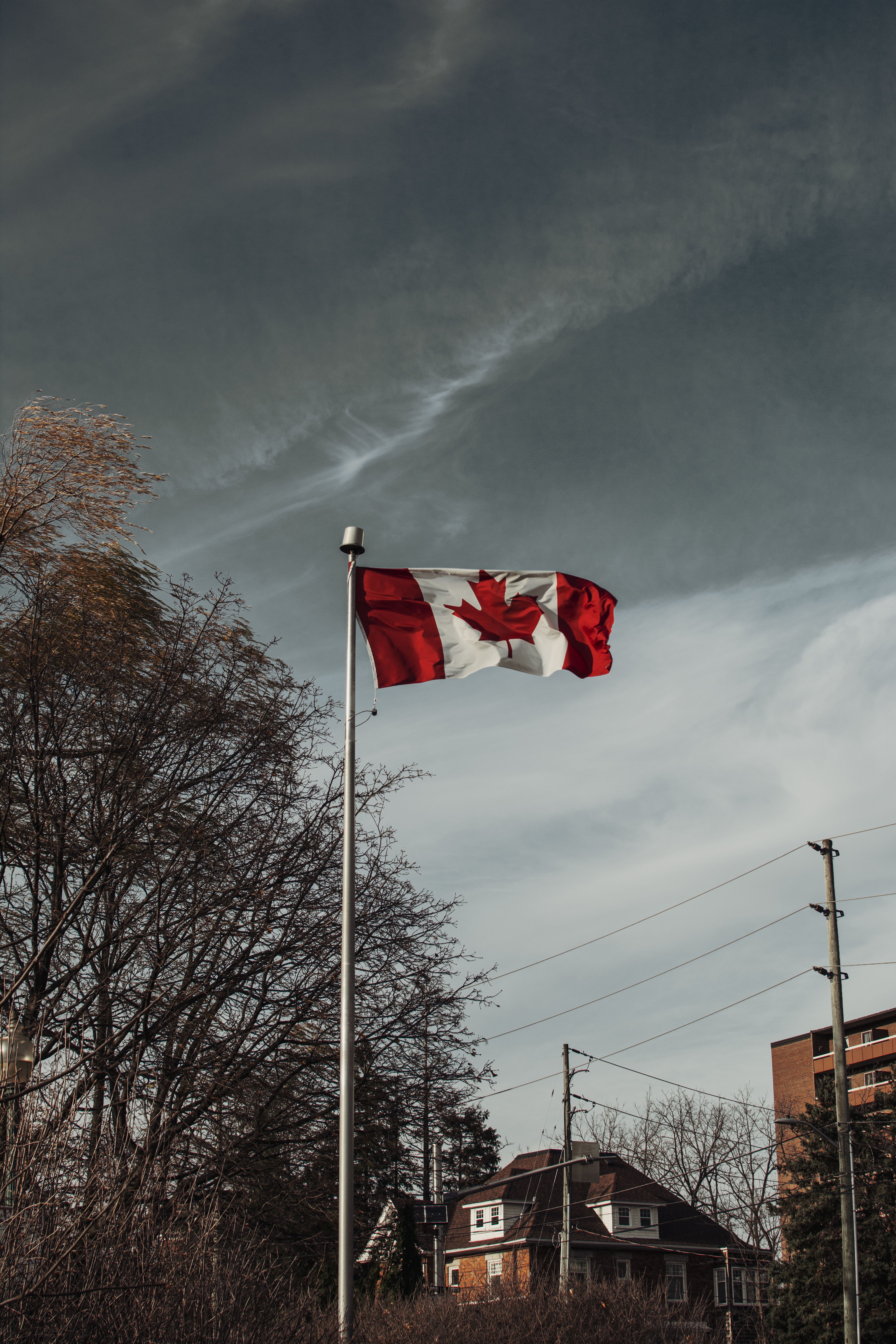 Low angle view of the Canadian flag waving near homes in Milton, Ontario.