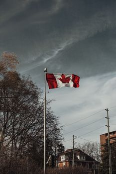 Low angle view of the Canadian flag waving near homes in Milton, Ontario.