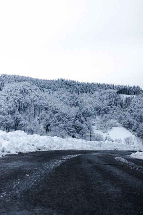 Free Empty asphalt roadway running along snowdrifts and coniferous forest with tall trees covered with hoarfrost during winter time in countryside Stock Photo