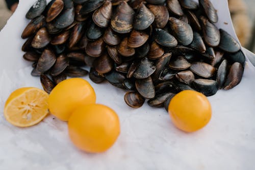 From above of healthy ripe lemons scattered near heap of fresh mussels on white cloth in market