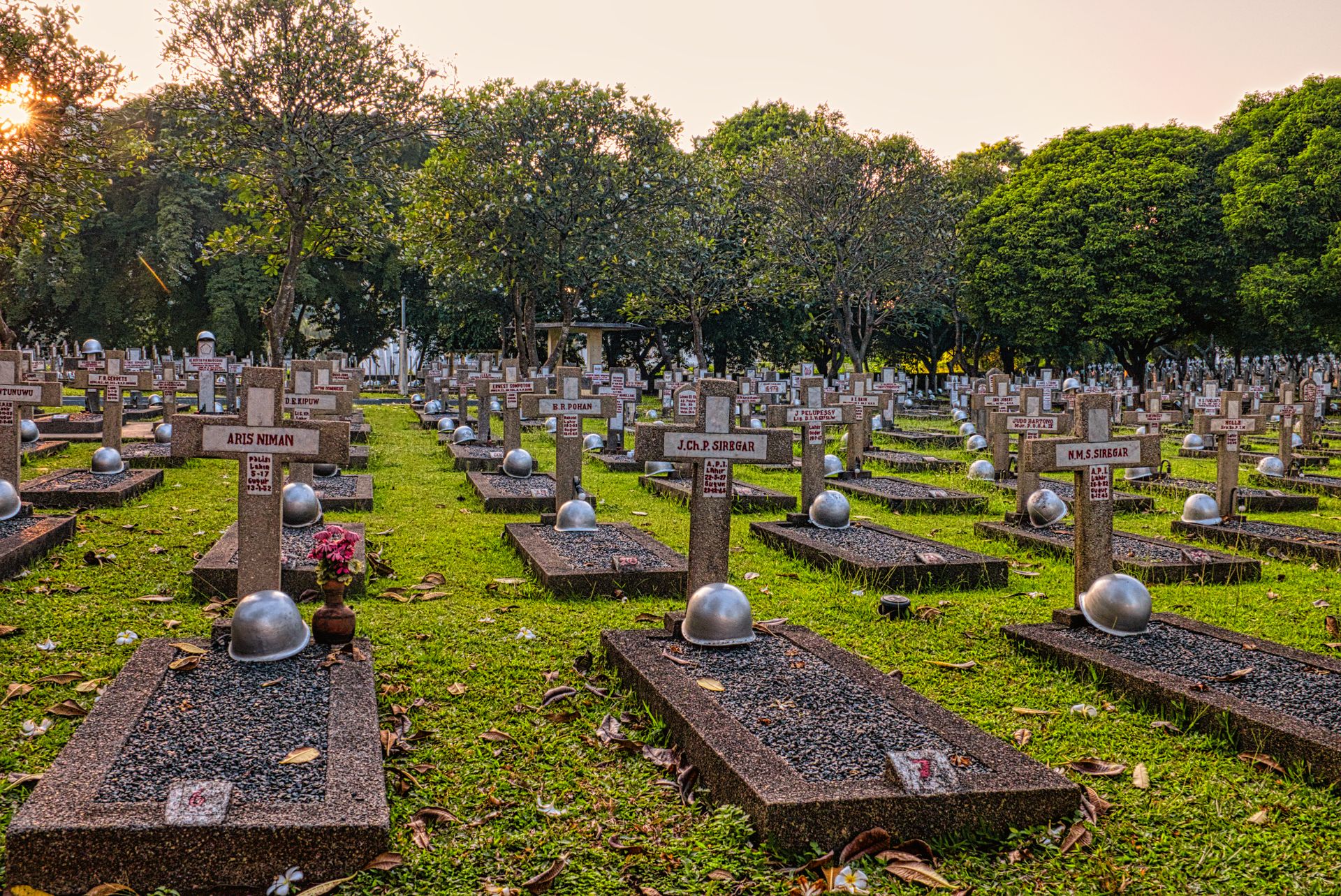Aged heroes cemetery with tombstones
