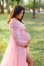 Side view of tender pregnant Asian female wearing pink dress standing on grassy lawn and touching bare belly against blurred green