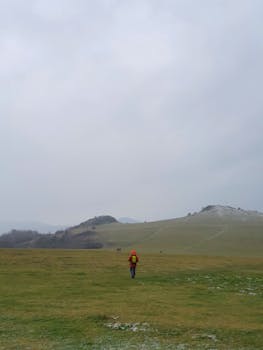 A lone hiker walks through a misty meadow in Zierenberg, Germany, capturing serene natural beauty.