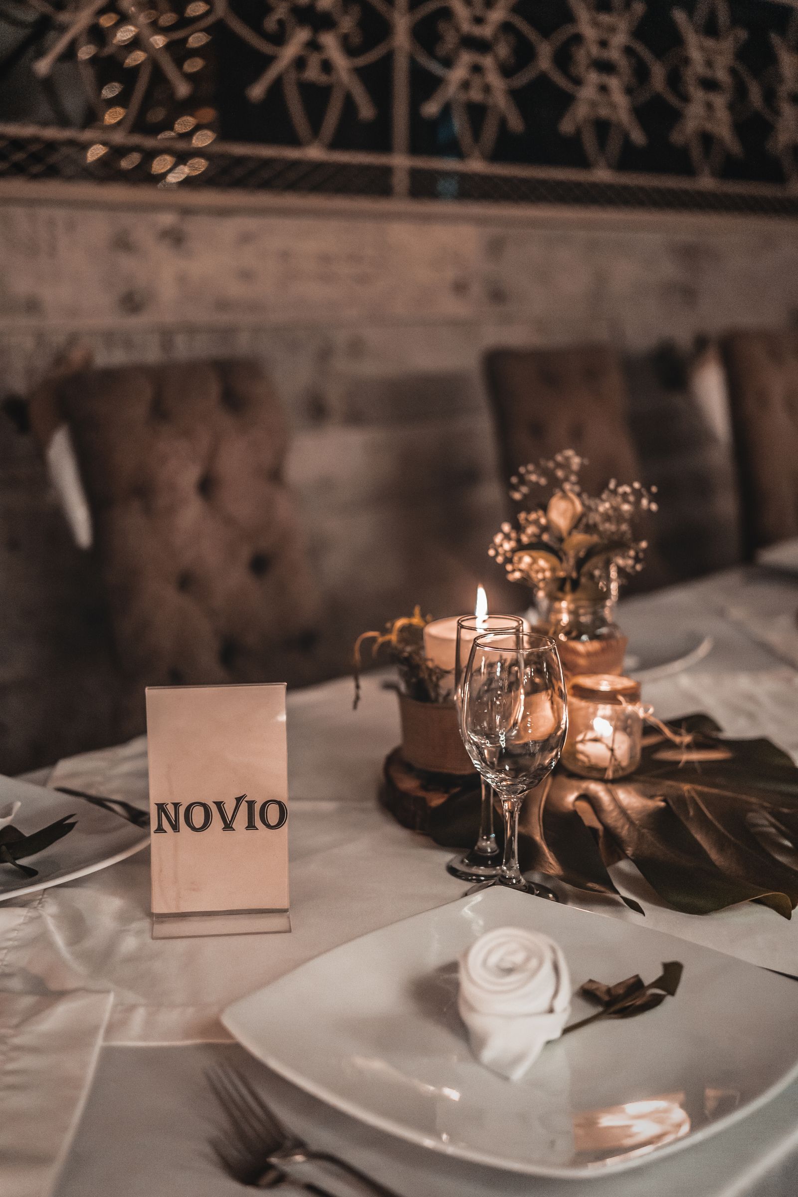 Table set for a festive celebration in a restaurant Table set for a festive celebration in a restaurant