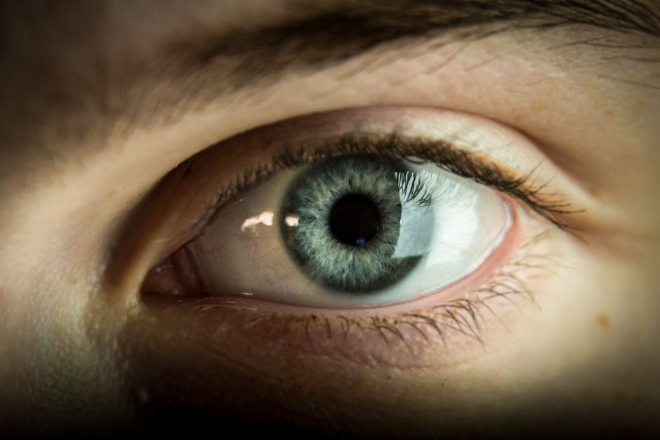 Macro shot of a human eye highlighting the iris and pupil with great detail.