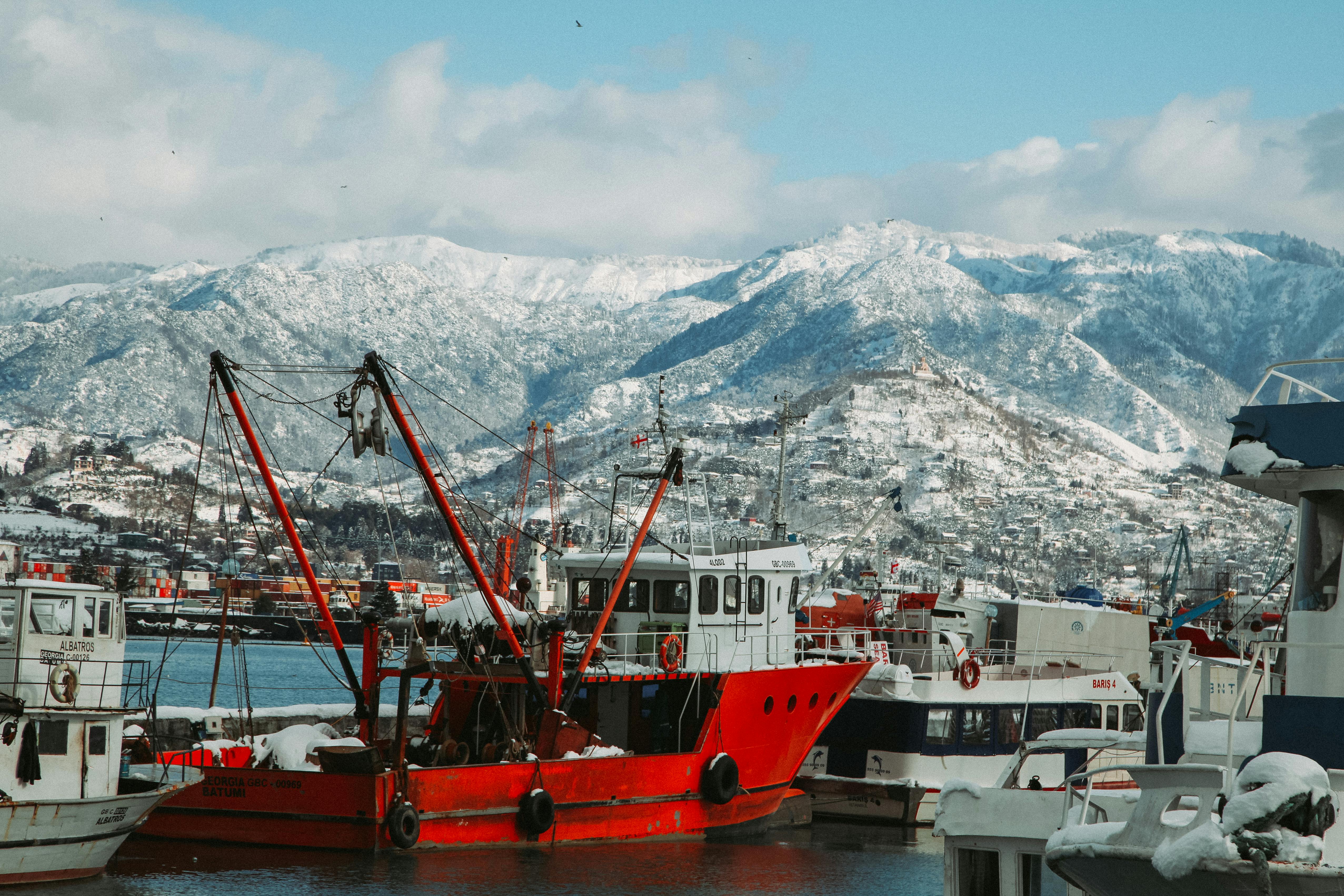 Barge and ships in snowy port · Free Stock Photo