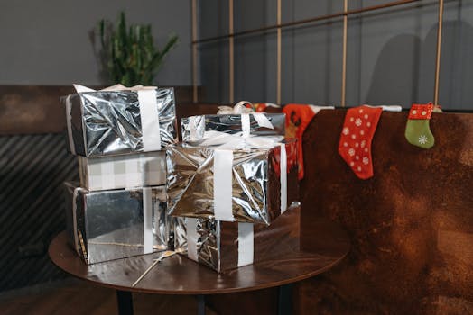 A cozy indoor Christmas atmosphere with wrapped gifts and festive stockings.