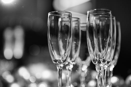 Black and white image of champagne glasses with a blurred bokeh background, perfect for elegant occasions.