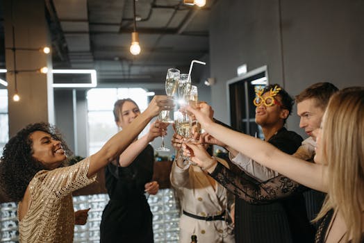 A diverse group of colleagues toasting with champagne glasses in an indoor setting.