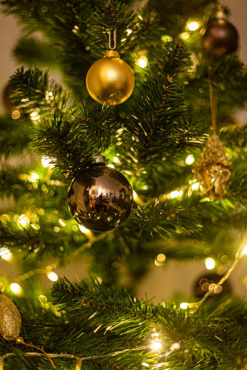 Free Close-up of a beautifully decorated Christmas tree with gold and bronze ornaments and warm lights. Stock Photo