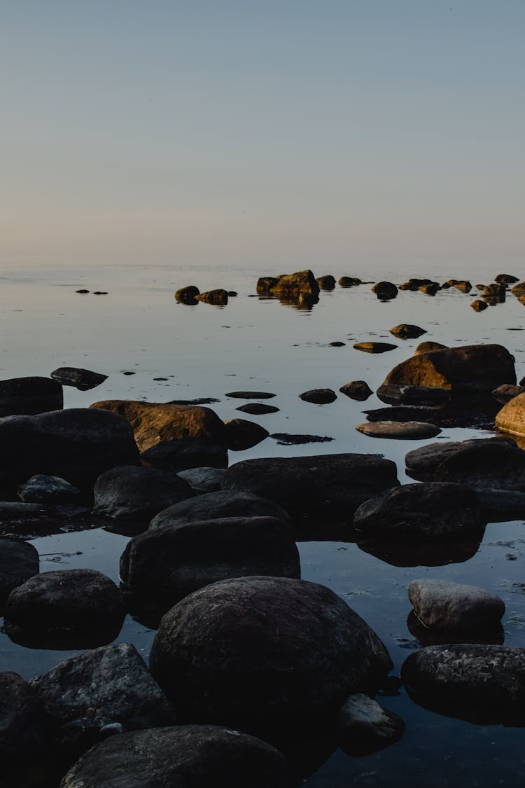 Black Rocks On Sea Shore